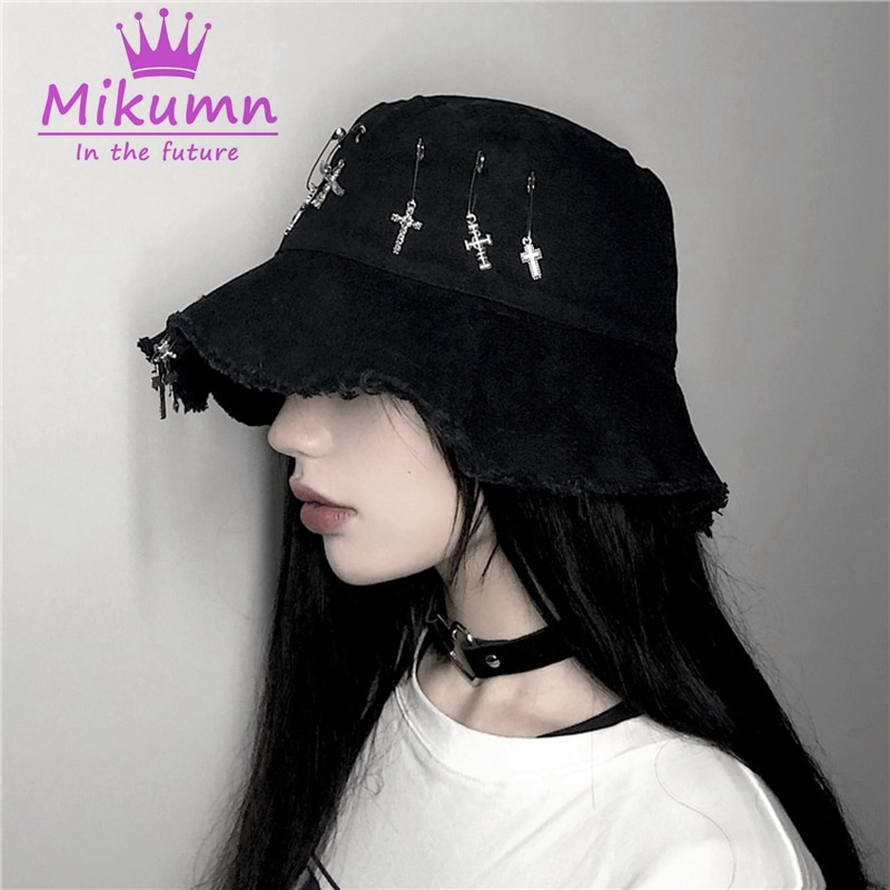 Ins harajuku stil mørk sort kryds sommer fiskehat hip hop kasket foldbare bøttehatte mænd og kvinder streetwear