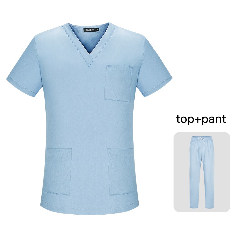 Spa Uniforms Beautician Scrubs Work Set Tops+Pants Beauty Salon Work Wear V Collar Scrubs Women Uniforms Short Sleeved Lab Coats: Sky Blue / XL
