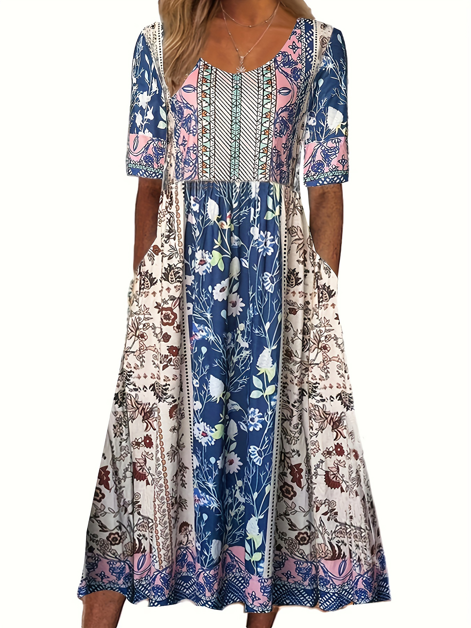 Robe longue style bohémien pour femmes, ample, imprimée, col rond, manches courtes, été 2025