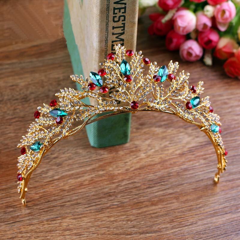 Princess Gold Tiara wedding Crown For bridal flower Headdress Headpiece Colorful Tiara Crystal Hair Jewelry T-712: Default Title