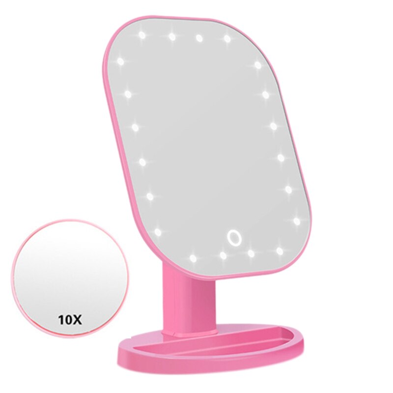 LED Mirror Touch Screen Makeup Mirror Vanity Mirror With 20 LED Lights 180 Degree Adjustable Table Luxury Make Up Mirror: pink and 10X