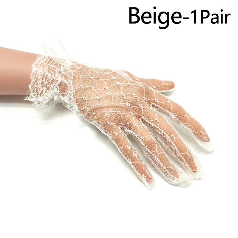 1 paire femmes court Tulle gants extensible dentelle Lotus feuille voilages robe accessoires plein doigt mariée mariage fête noir: Beige