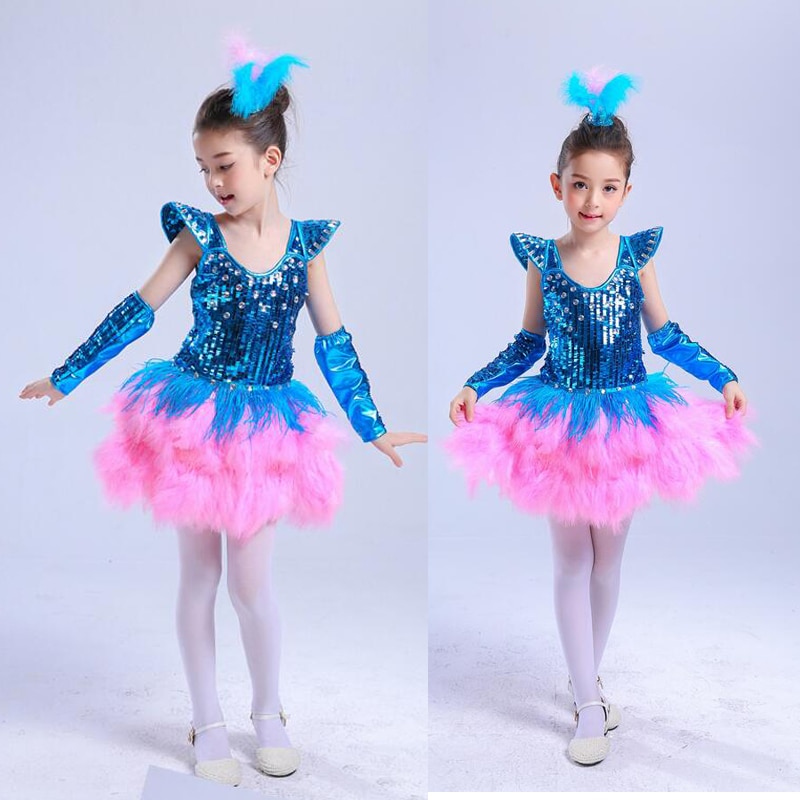 Pink Blue Girls Sequined Modern dance dress Kids Party dancewear costumes Outfits Children Ballroom Jazz Hip Hop dancing dress