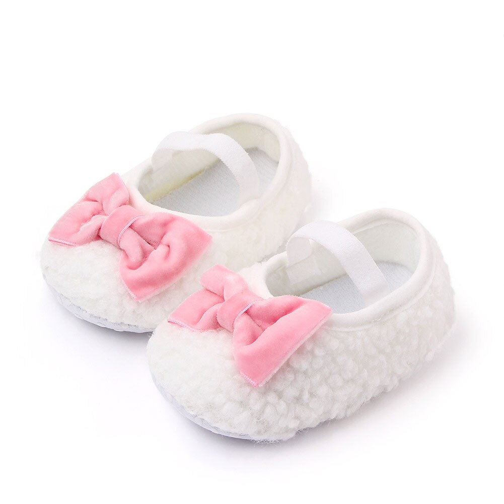 Baby Boys Girls Fleece Slippers Soft Sole Crib Shoes With Bow Anti-Slip Fleece Solid Color Toddler First Walker Shoes: White / 0-6 Months