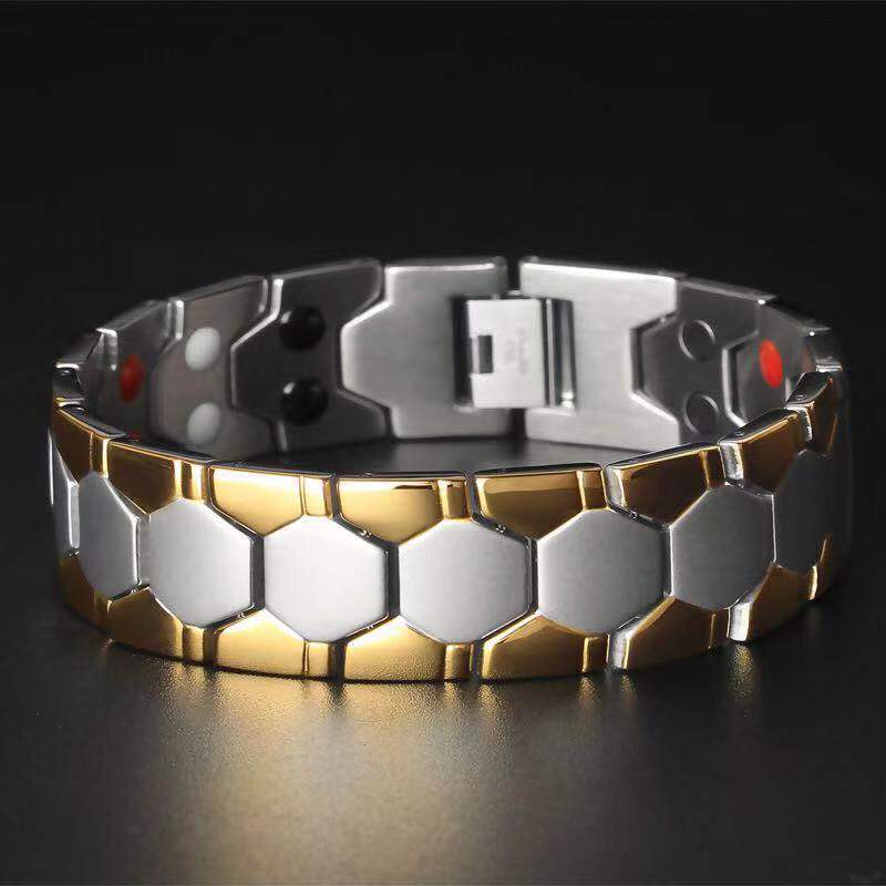 Men Women Healthy Magnetic Bracelet 3 Health Care Elements Relieve Fatigue Improve Sleep Reduce Fat Magnets Bangles Lovers: Hexagon Silver-Gold