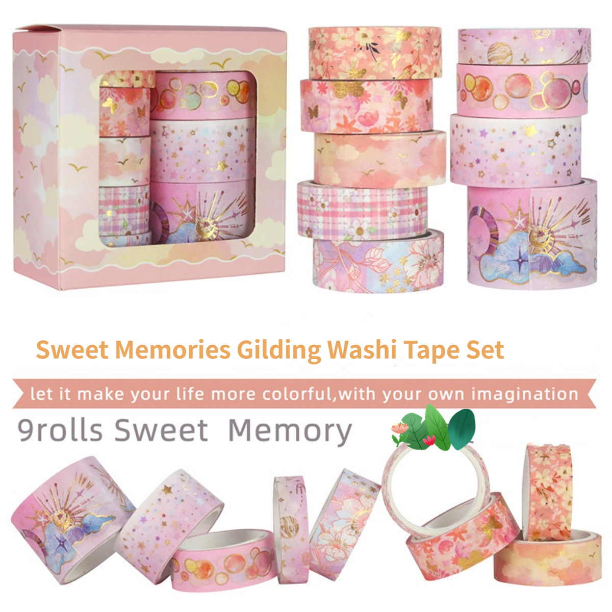 9 unids/set dulces recuerdos conjunto de cintas Washi doradas Scrapbooking Diy diario papelería Deco arte suministros cintas adhesivas