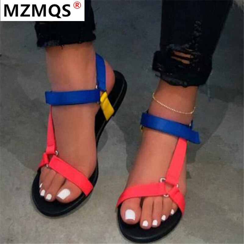 Sandales à bout ouvert pour femme, chaussures d'été de , couleur arc-en-ciel, chaussures avec boucles avec crochet, collection