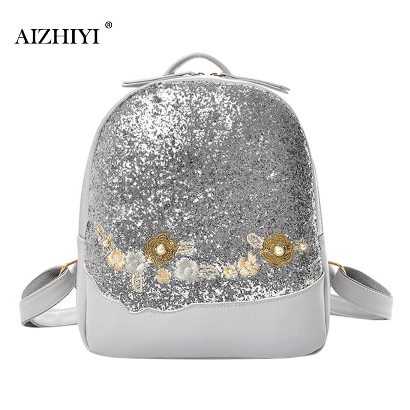 Bling Glitter Rucksack Shining Sequins Backpack Women Floral Pu Leather Backpack Girls Mini Travel School Bag Mochilas