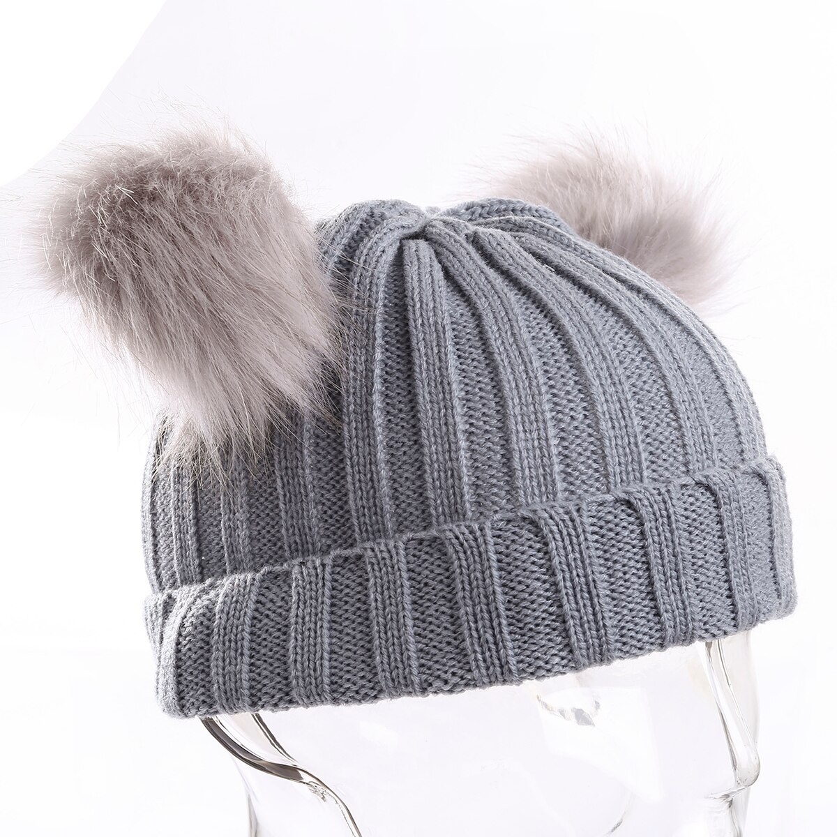 1-3 år nyfödd baby vinter ull stickad mössa barn spädbarn mössor mössa med två dubbla pom pom mössa för barn pojkar flicka: Grå