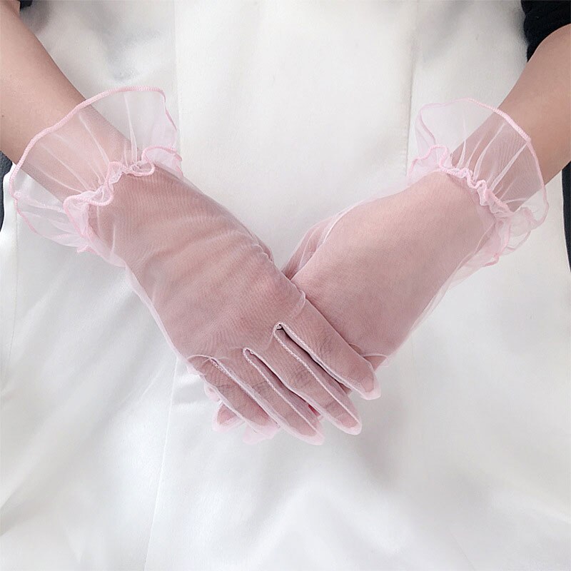 Sexig genomskinlig spets mesh gasväv dam handskar sommar uv-säkra svart rosa korta handskar dam brud bröllop vante handskar