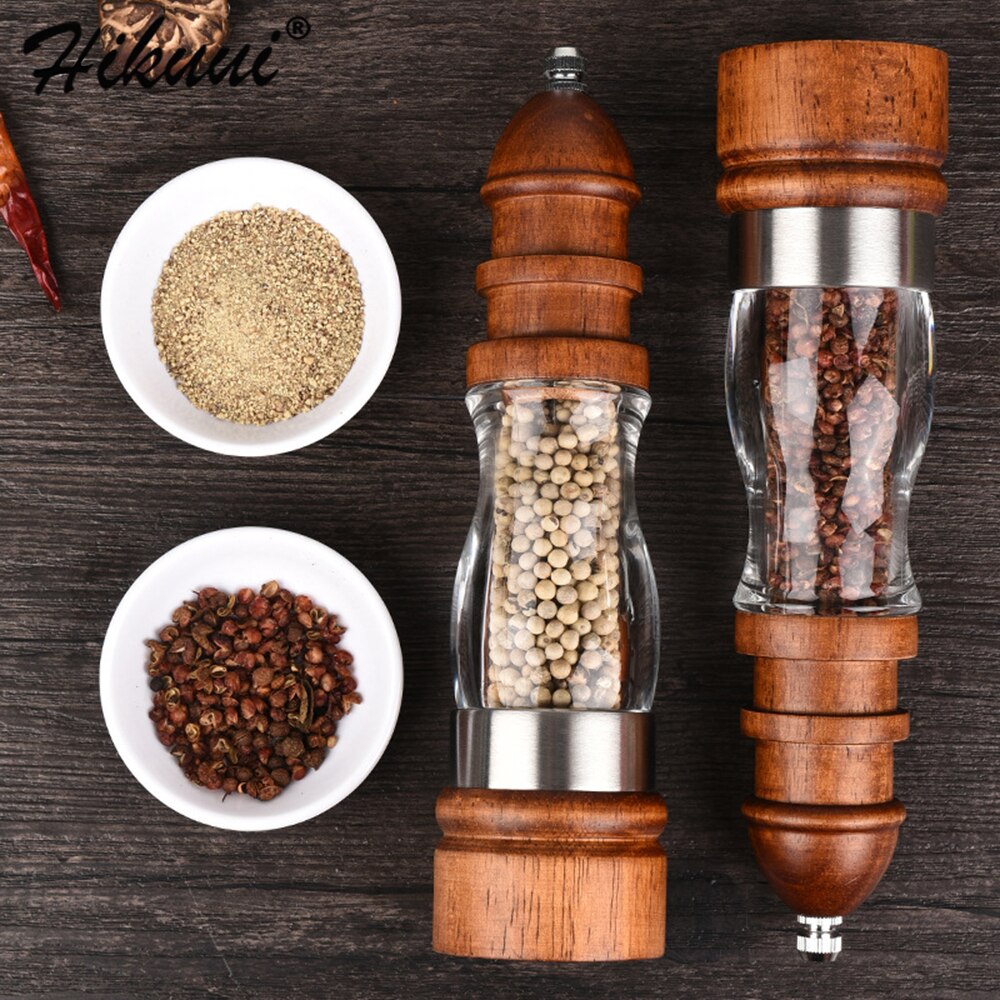 Antieke Peper Zout Molen Grinder Massief Hout En Acryl Fles Hand Keramische Slijpen Mechanisme Spice Peper Keuken Bbq Mills