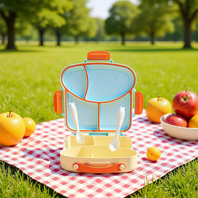 Uroczy plastikowy pojemnik na obiad z przegródkami, kreskówkowy pojemnik na jedzenie z pokrywkami, przenośny lunchbox bento dla uczniów i pracowników biurowych.