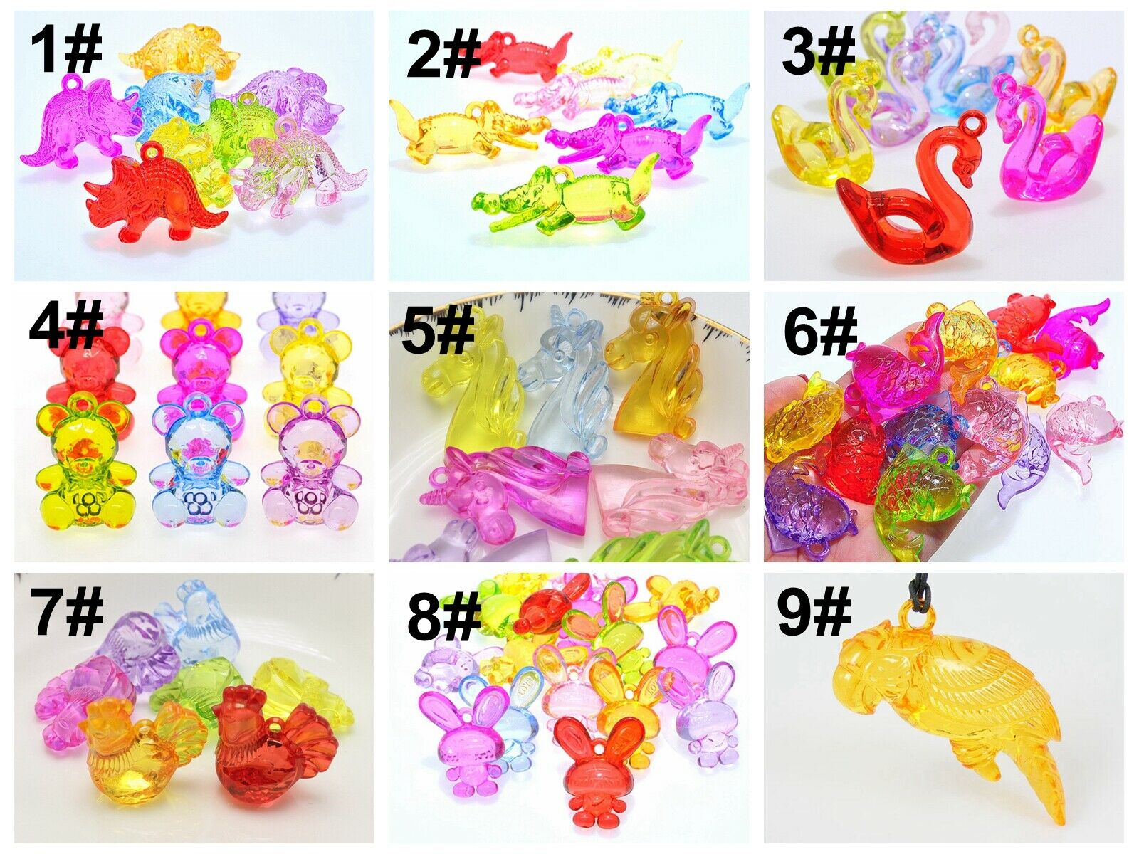 10 Transparent Acrylic Cute Cartoon Animal Pendants Various Charms Kids Craft