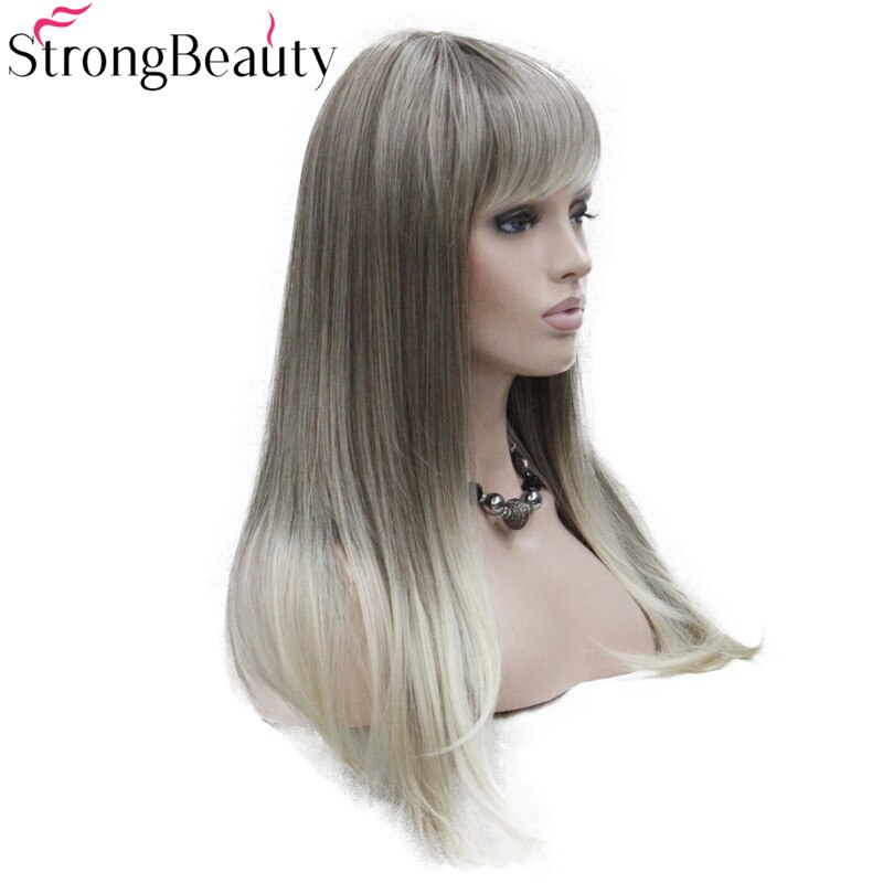 StrongBeauty Long Straight Wigs Women's Synthetic Wig Light Brown Root with Blonde Tip Dot Skin Top Hair