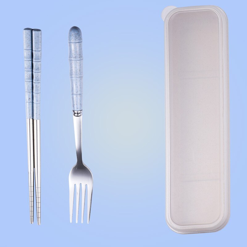 Tragbares edelstahl-essgeschirr-einstellen aus weizenstroh, essstäbchen, löffel und gabel, geschirr für kinderküchen-essgeschirr-einstellen: Blau -2 stück 2