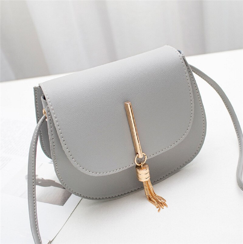 Women PU Leather Solid Hasp Shoulder Messenger Bags Lady Mini Fringe Tassels Shell Handbags: Gray