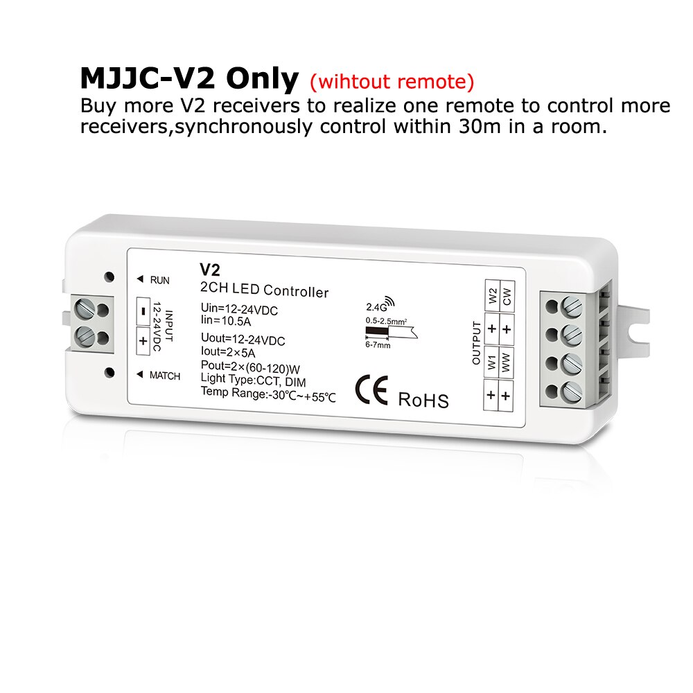 WW CW LED Controller 12 v 24 v 10A 2CH 2.4g Enkele Kleur CCT Licht Strip LED Dimmer Controller RF Draadloze Afstandsbediening met Houder V2: MJJC-V2 Only