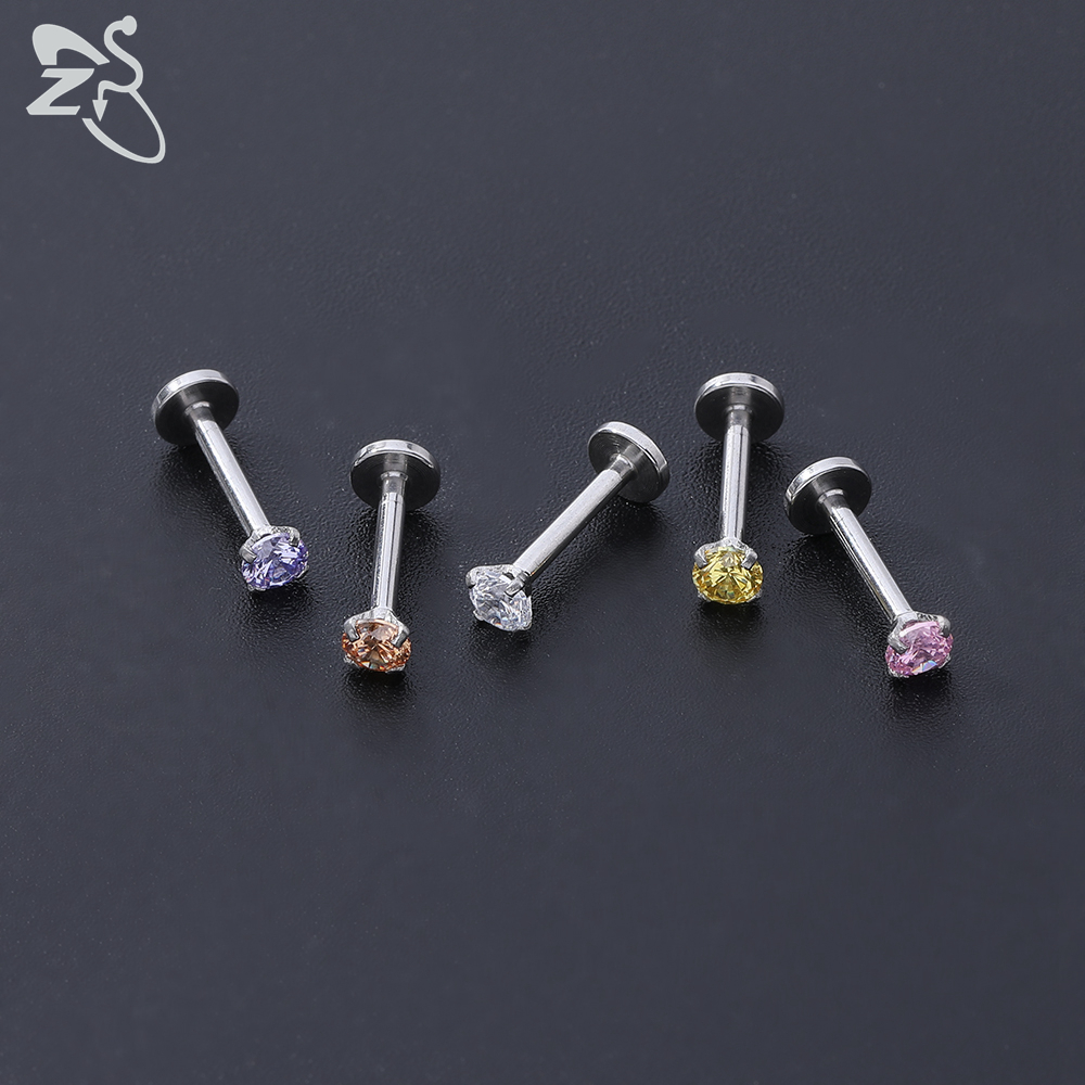 ZS 20 Pcs/lot 16G Crystal Zircon Labret Lip Rings Stainless Steel Internally Threaded Labret Piercings Unisex Cartilage Piercing