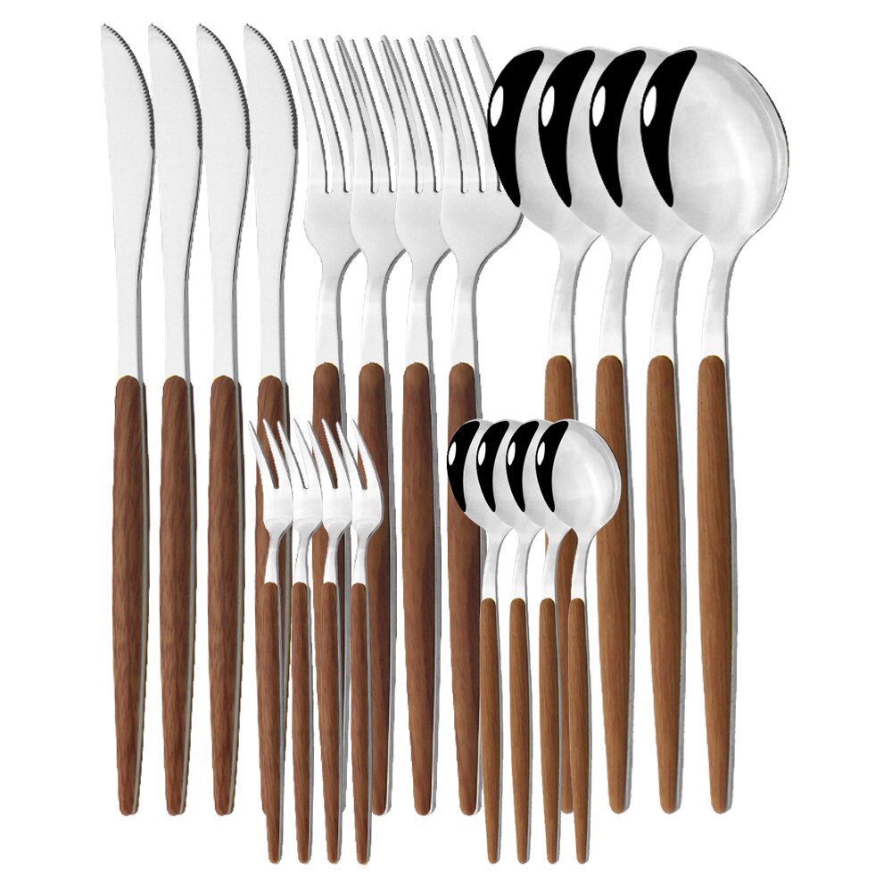 20Pcs Zilveren Houten Handvat Westerse Servies Set Roestvrij Stalen Bestek Set Mes Vork Lepel Theelepel Diner Servies Set: C Brown Silver
