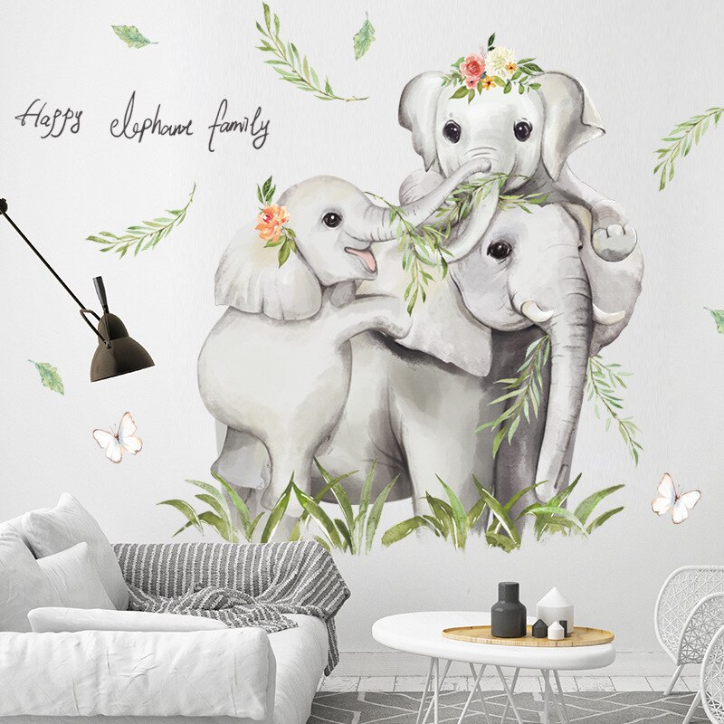 Cartoon Safari Jugle 3 Elephants Family Wall Stickers for Baby Nursery Kids Room Wall Decals PVC Bedroom Home Decor PVC Stickers