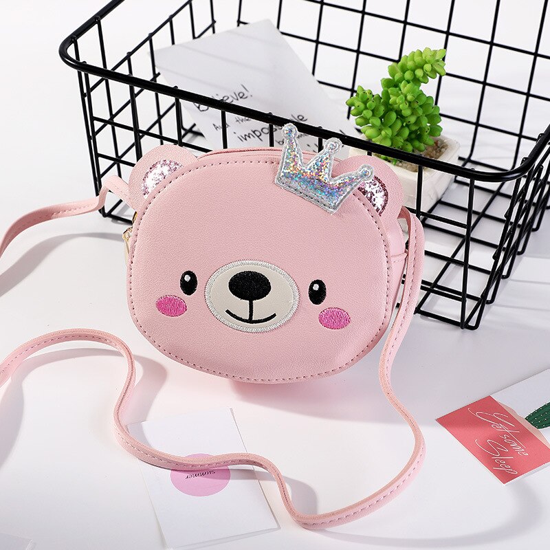 Korean Cute Kids Cat Crossbody Bag Cartoon Baby Girl Toddler Mini PU Messenger Bags Shoulder Bag: pink bear