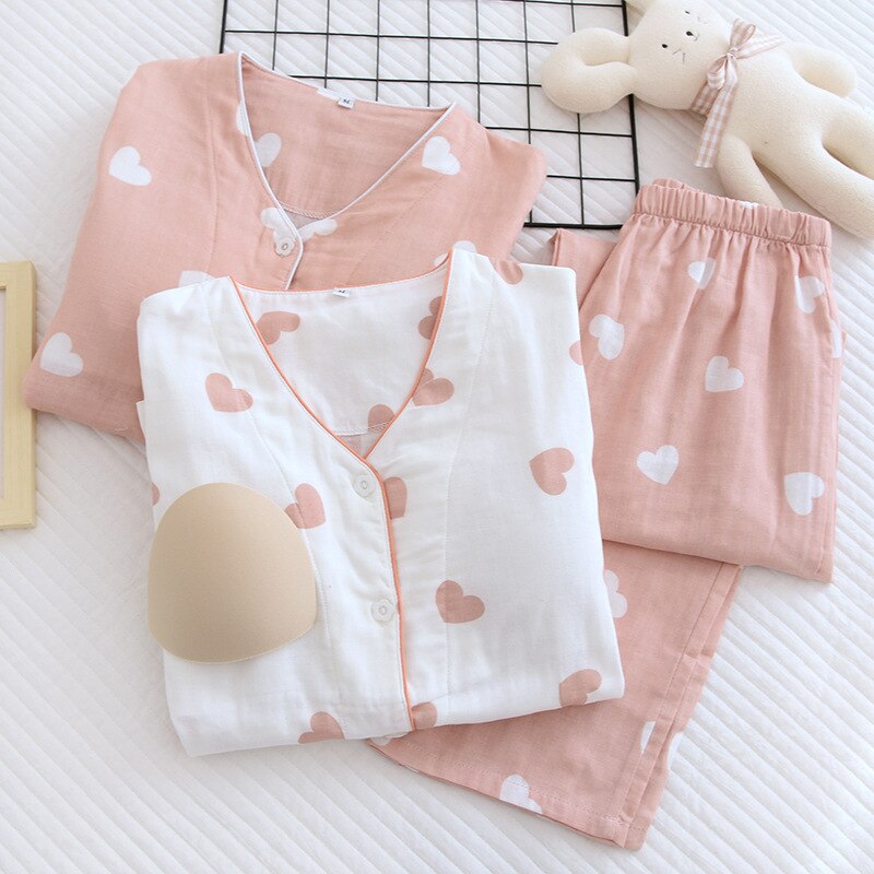 Fdfklak Spring Pajamas Double Gauze Cotton V-Neck Cardigan Lingere Thin With Chest Pad Love Print Sleeping Suits Female