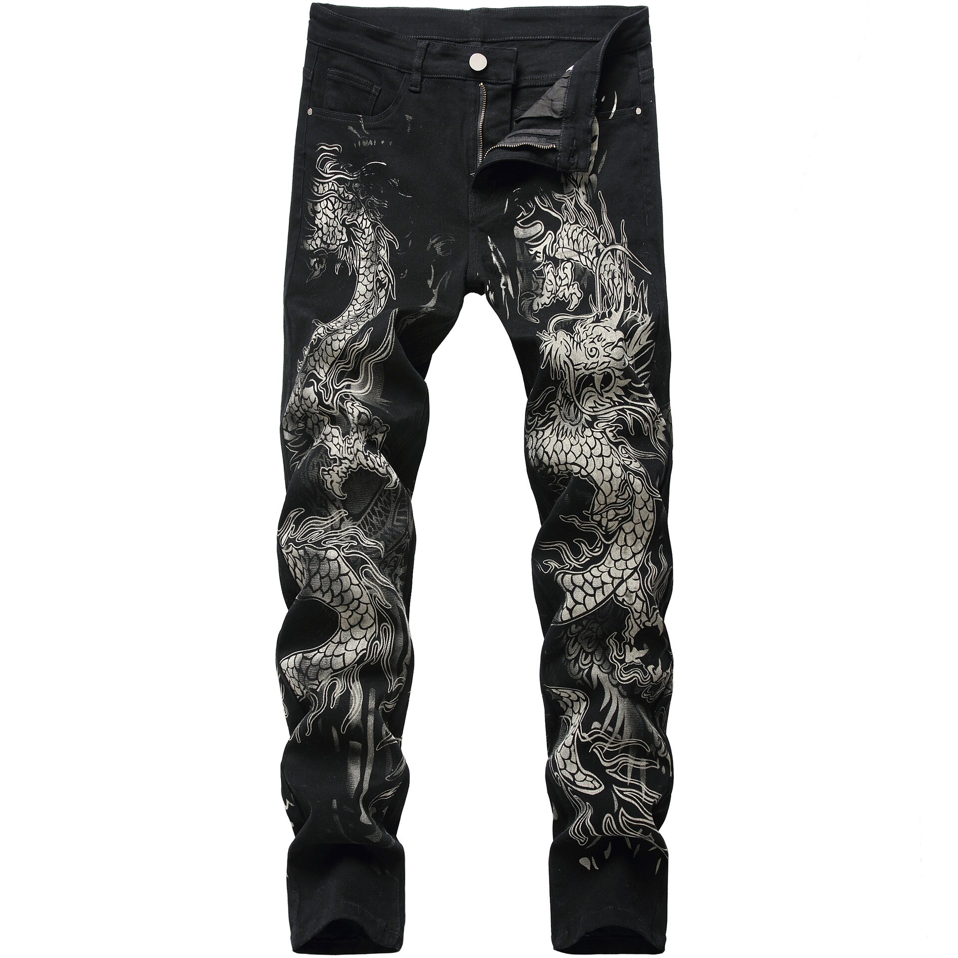 Dragon Printed Jeans Mens Denim Pants Men&#39;s Original Brand Casual Cotton Slim Pencil Pants Male Black Jeans