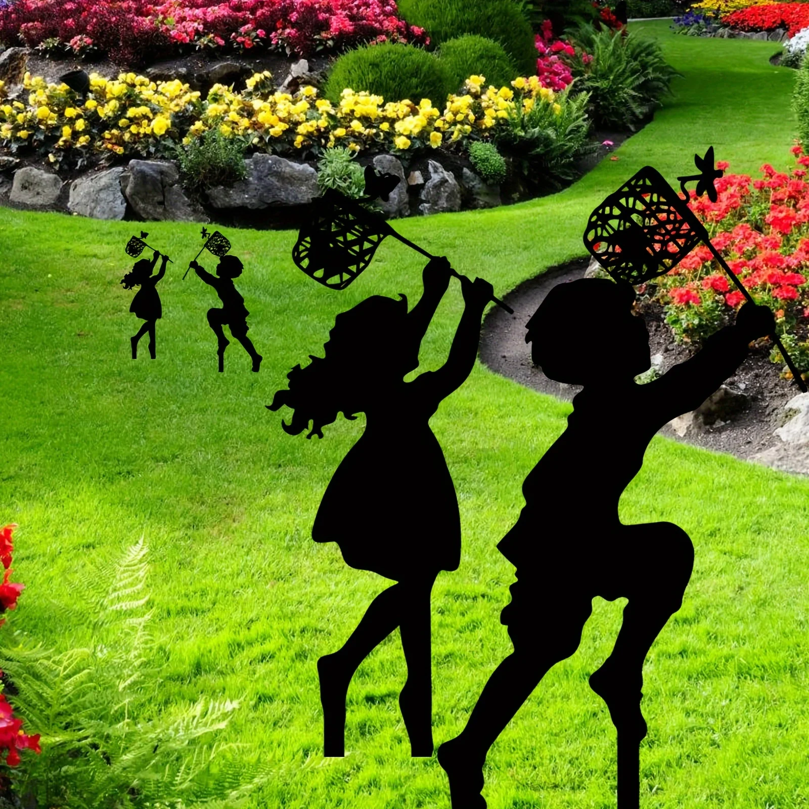 Metal have dekorative jordindsatser jernkunst, drenge og piger udendørs fangst sommerfuglemønster have dekorative bunker egnet