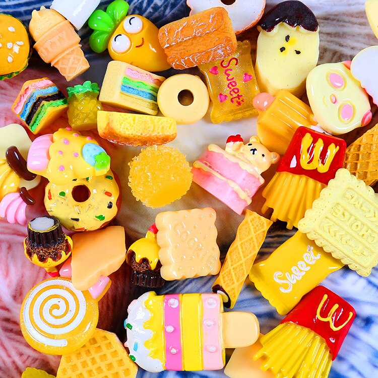 10PCS Slime Charms With Donut Food Sugar Chocolate Candy Resin Flatback of Slime Beads Cake for Ornament Phone Case Decoration