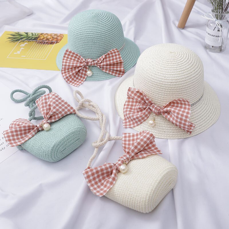 Sombrero de paja de princesa con flores para bebé, sombrero de paja con bolsa de mano, visera de Sol para niño y niña, protección UV, Sombrero de Panamá con lazo