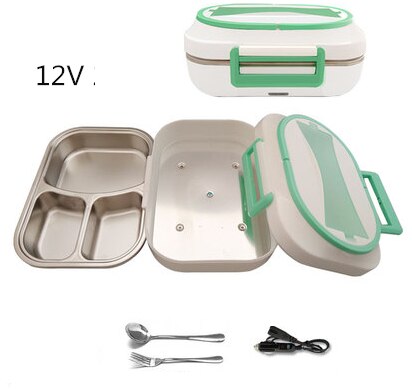 12V 24V 220V 1L Household Car Electric Heating Box With Stainless Steel Inner Mini Portable Electric Multi Cooker: green 12V