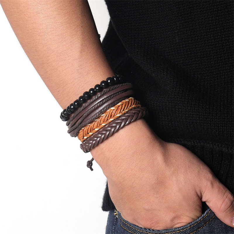 Wood Bead Male Multilayer Leather Bracelet Men Braided Rope Wrap Bracelets Bangles Pulseira Masculina Jewelry Pulsera: S331
