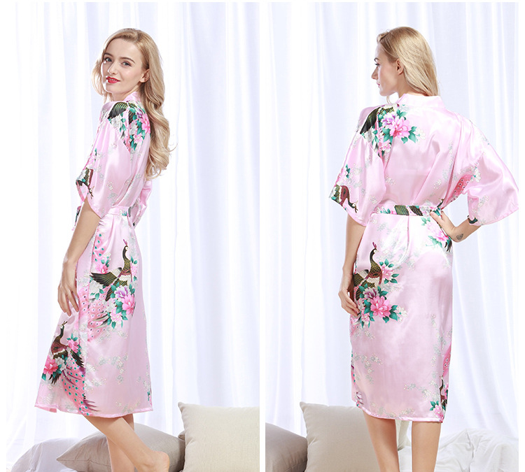 Peignoir kimono en satin pour femmes, vêtements de nuit longs, en élasthanne, motif imprimé paon floral, pour fête, mariage, demoiselle d'honneur: XXXL / Bleu