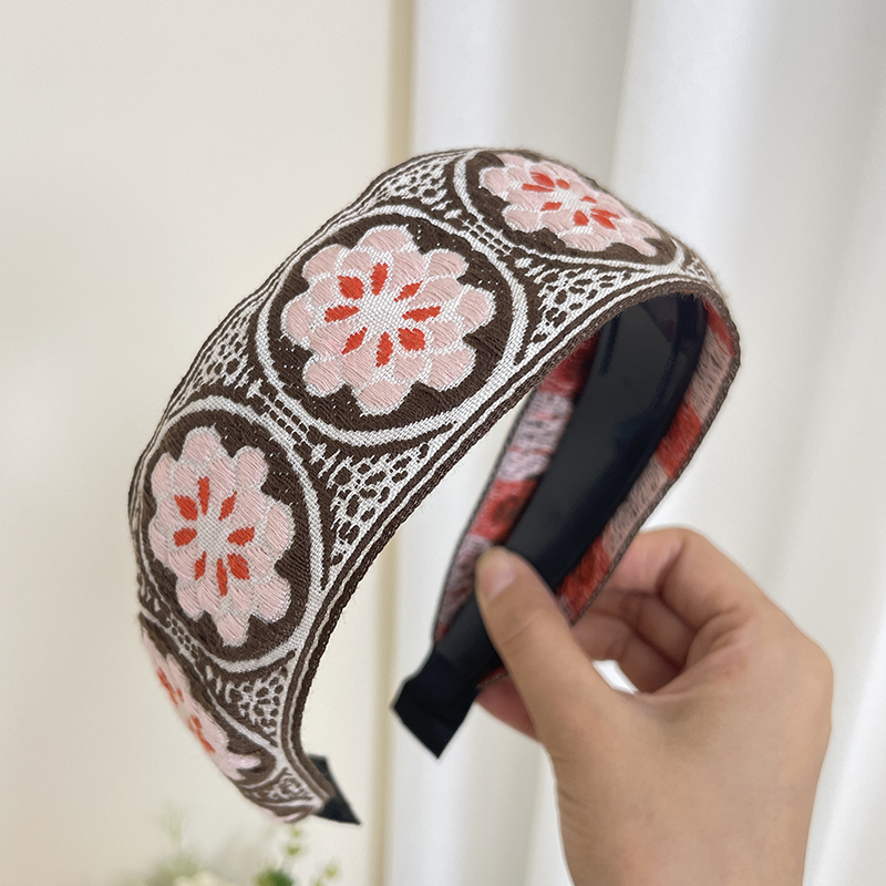 Nuovo stile bohéaspetto ricamo fascia etnica a tesa larga cerchio per capelli foglia fiore modello accessori per capelli copricapo: Caffè