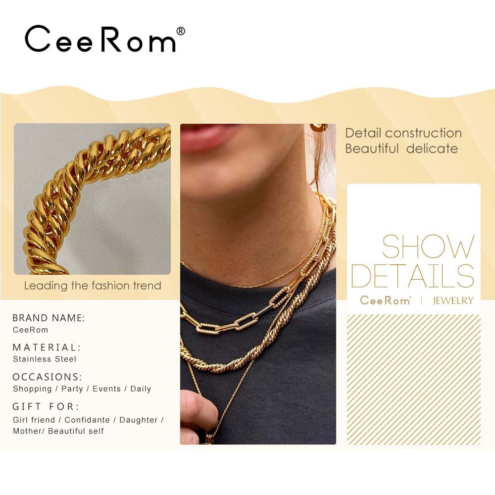 CeeRom 18in Coarse Twisted Chain Chokers Necklaces 24K Gold Plated Necklace Stainless Steel Necklace For Women Jewelry Collier