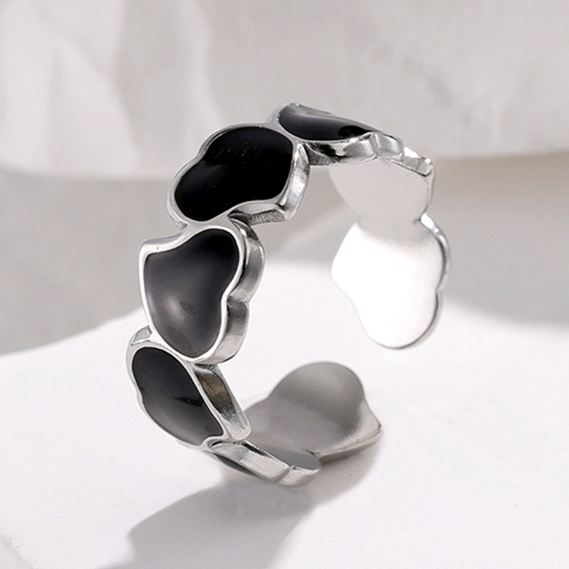 Anillos de corazón blanco y negro de acero inoxidable para mujer, anillos abiertos con goteo de aceite de Color dorado, joyería de boda, , bisutería para mujer