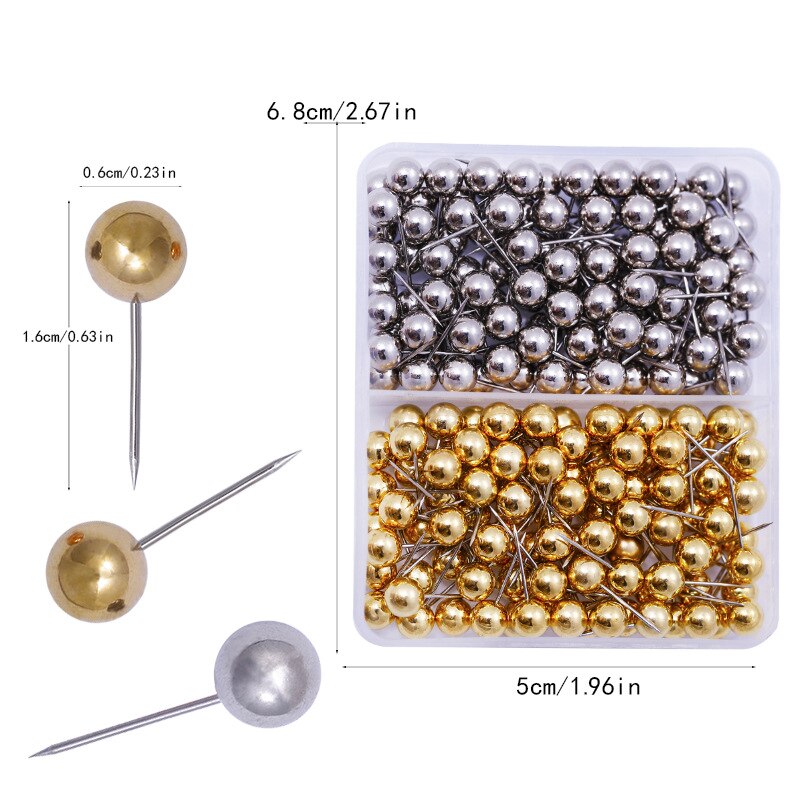 200PCS 6MM Map Tacks Push Pins with Gold Round Head Steel Point for Bulletin Board Fabric Marking Push Pins with Box