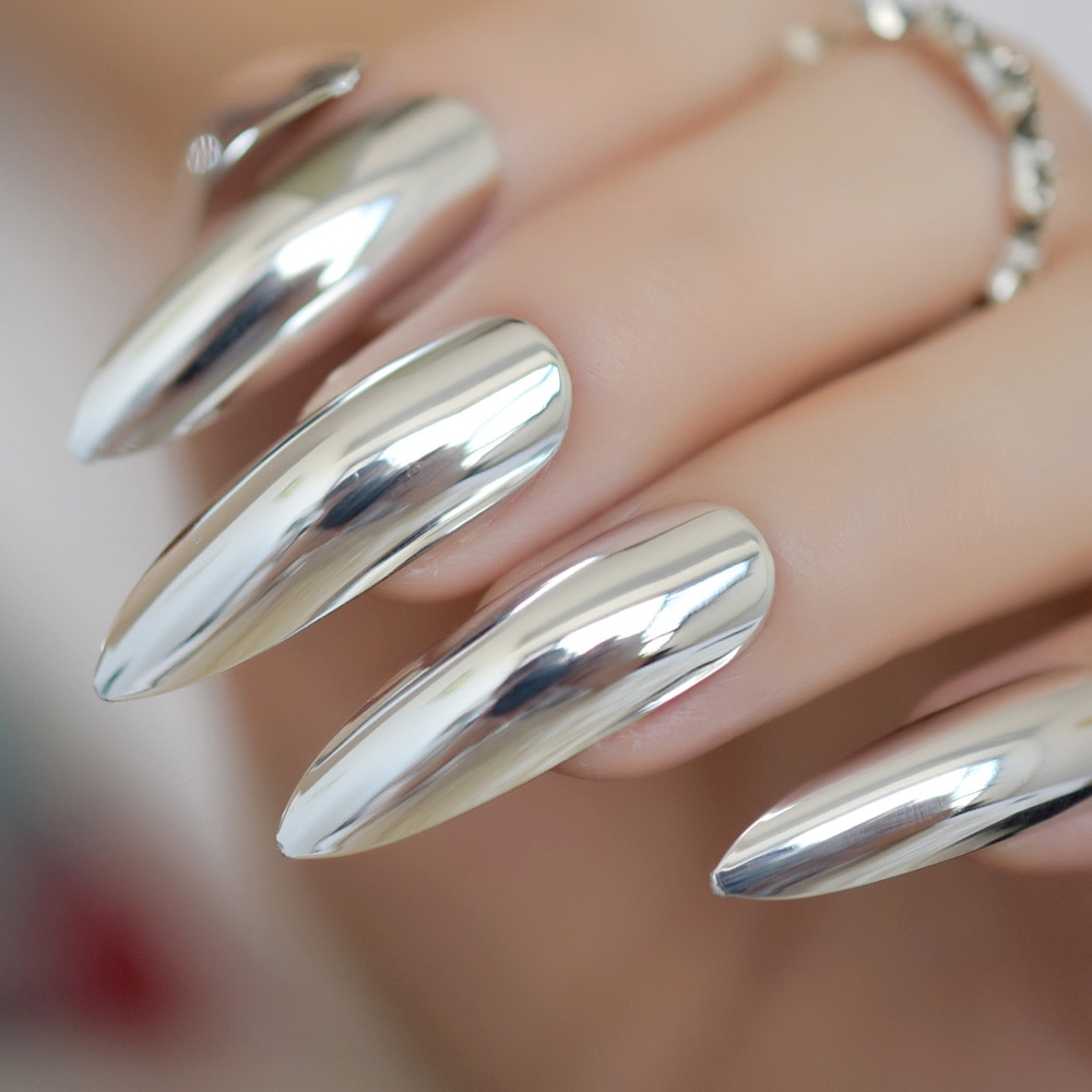 extra Lange Stilett Spiegel Falsche NäGel Silber SchöNe bilden Presse Auf NäGel Farbige Künstliche Nagel Tipps 24 Ct
