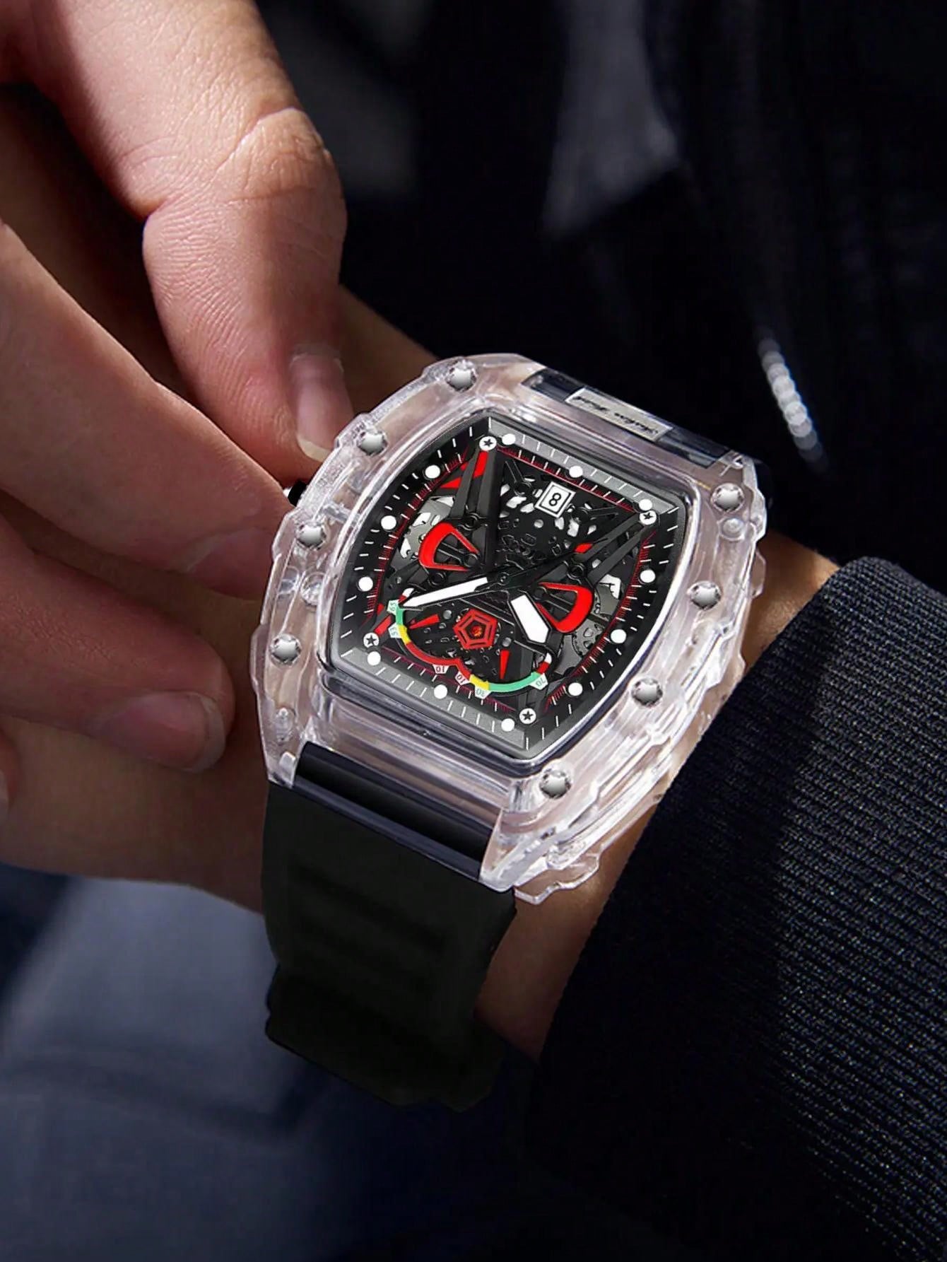 heren quartz horloge transparante behuizing siliconen band lichtgevende kalender polshorloges vrijetijdssportstijl quartz horloge voor heren