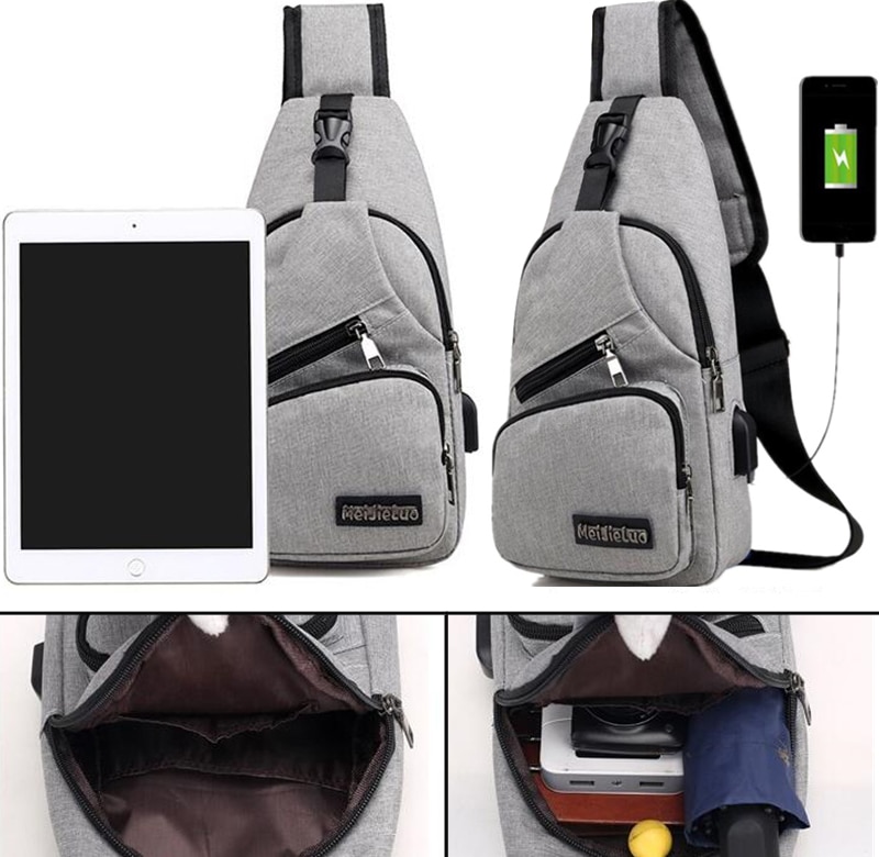 Male Shoulder Bags USB Charging Crossbody Bags Men Anti Theft Chest Bag School Short Trip Messengers Bag Canvas Waist Pack