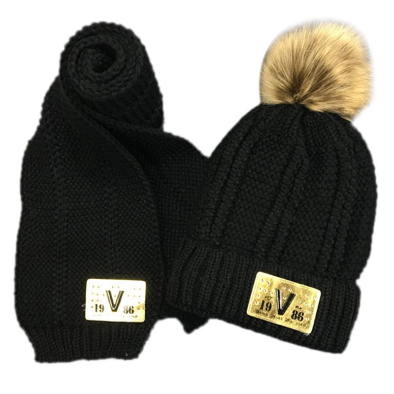 Småbørn børn vinter chunky hæklet pompon varm foring beanie hat langt tørklæde sæt: Sort