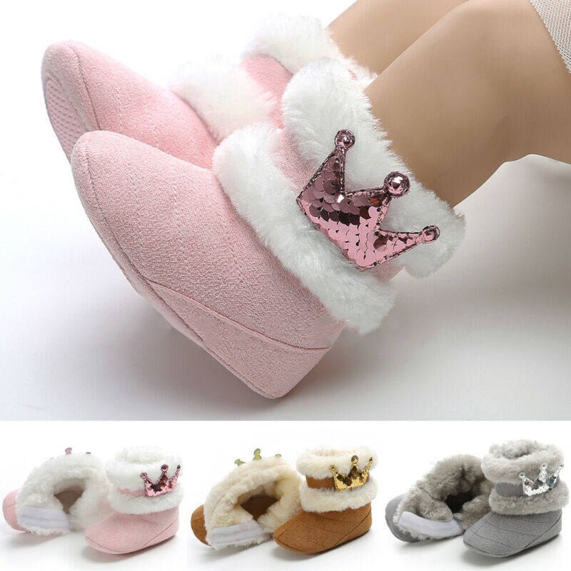 Inverno quente do bebê recém-nascido meninas botas de neve princesa lantejoulas coroa cashmere pelúcia berço sapatos da criança infantil crianças macio peludo botas