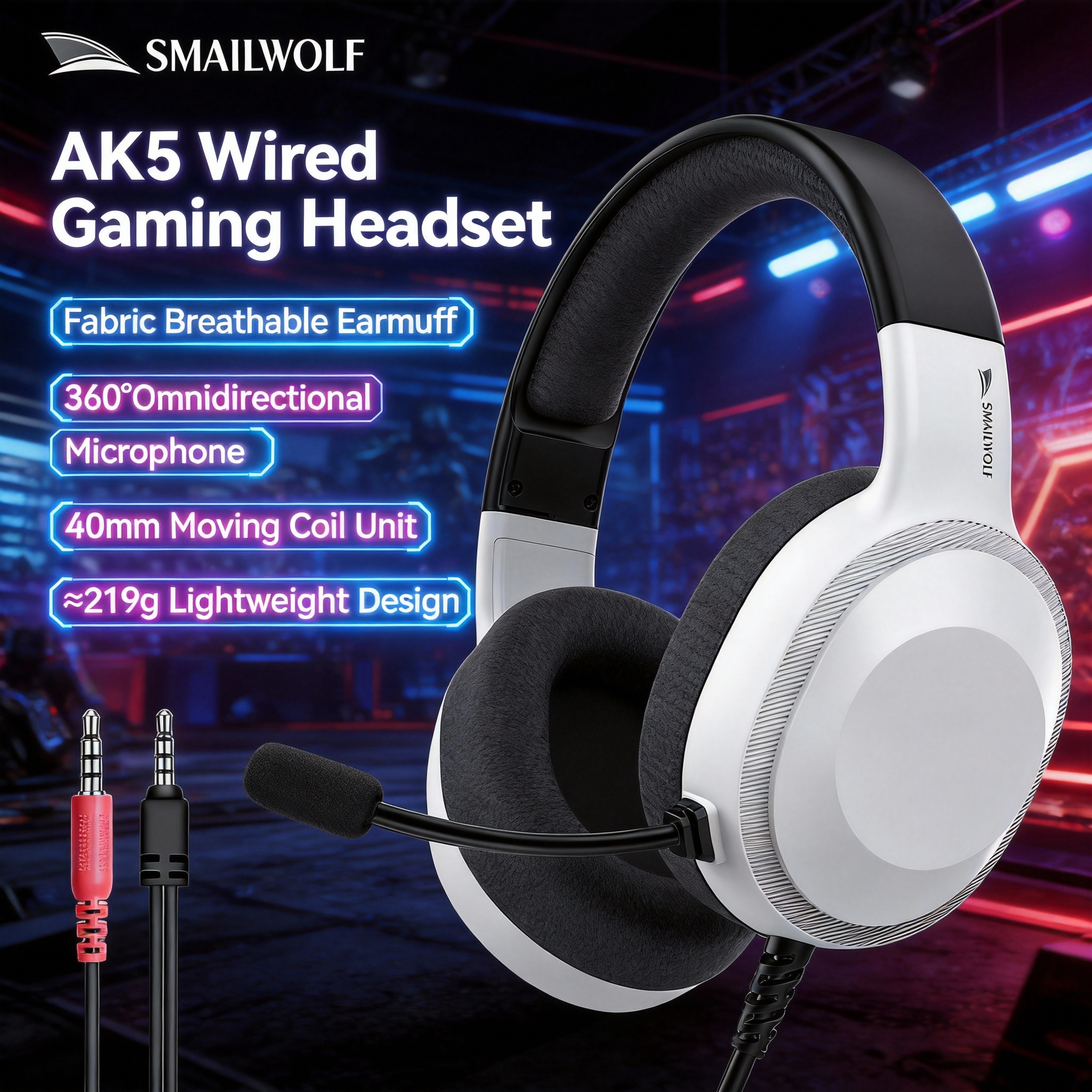 SMAILWOLF AK5 wired headset gaming headset lightweight e-sports gaming headset with microphone desktop laptop universal: WHITE