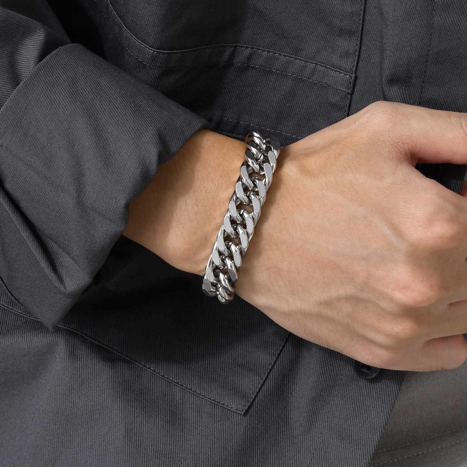 Vnox 12/15MM de largeur en acier inoxydable chaîne cubaine Bracelets pour hommes, couleur argent Hip Hop mâle garçon bracelet bijoux
