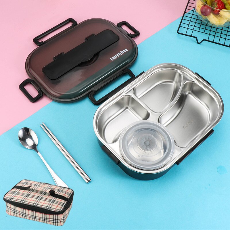 1300ml Stainless Steel 304 Lunch Box With Soup Bowl Leak-Proof Bento Box Dinnerware Set Microwave Adult Student Food Container: Black with Bag