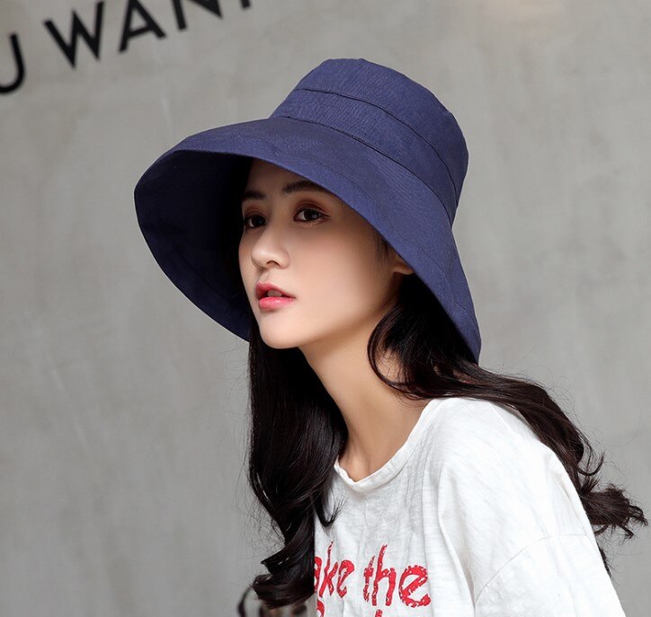 K34 Summer Big Brim Sun Hat For Female Seaside Sun Protection UV Cap Japanese Wild Fisherman Hat Korean Version: K34-Navyblue
