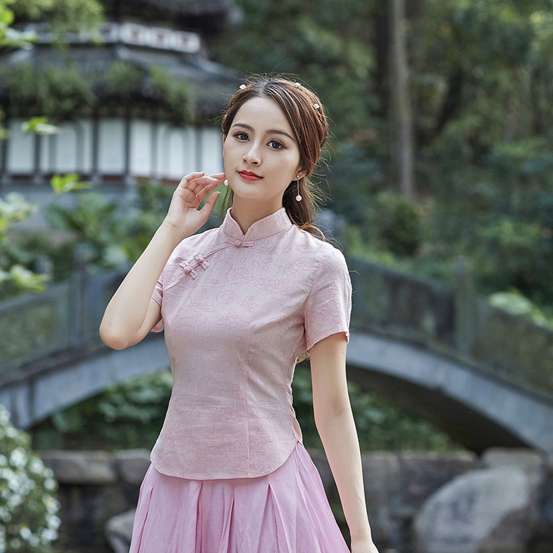 Sheng coco rosa kinesiske skjorter dame jacquard bomull qipao skjorte hanfu tradisjonelle topper kinesisk stil te service klær