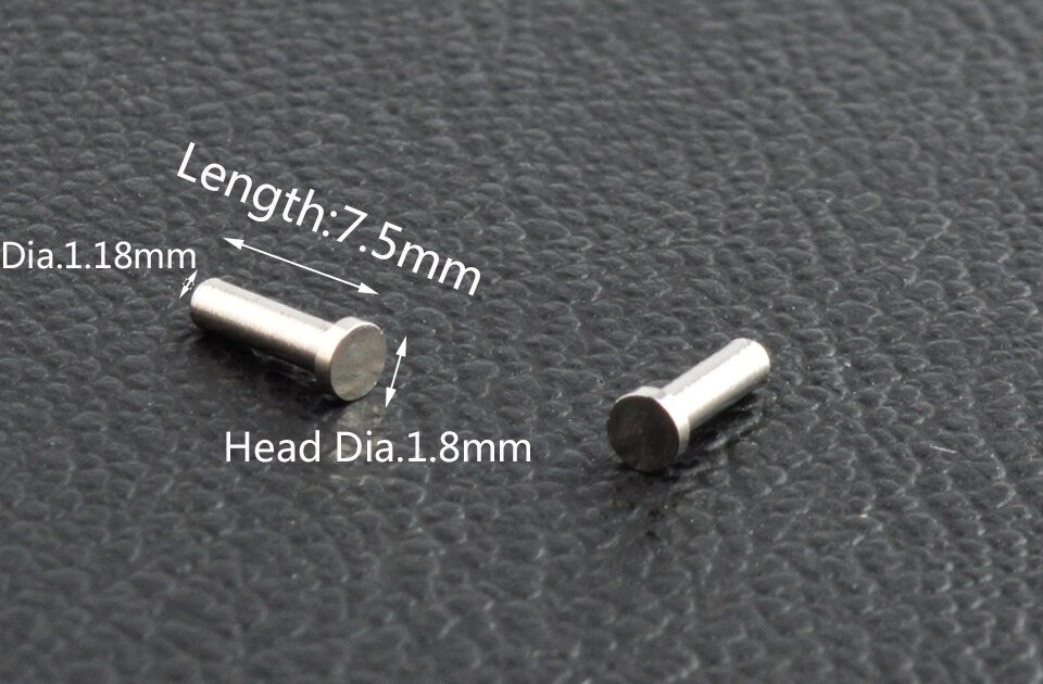100PCS eyeglass single rivets single metal pin for eyeglass hinges or temples 1.18mm diameter 7.5mm 6.0mm lengt: 1.8x1.18x7.5mm