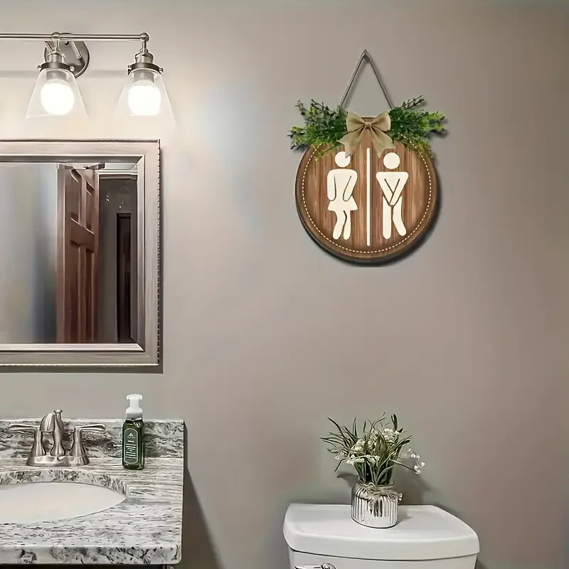 Letrero de madera con corona rústica para decoración de pared, tablero redondo, letreros para puerta de lavandería, letrero colgante para baño, decoración de baño Unisex