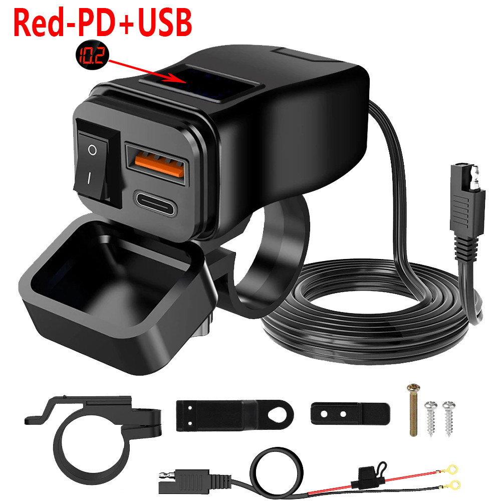 PD+QC3.0 Motorcycle USB Fast Charger 60W Handlebar Dual USB Socket with Switch Voltmeter Waterproof 12V Power Supply Adapter: Yellow